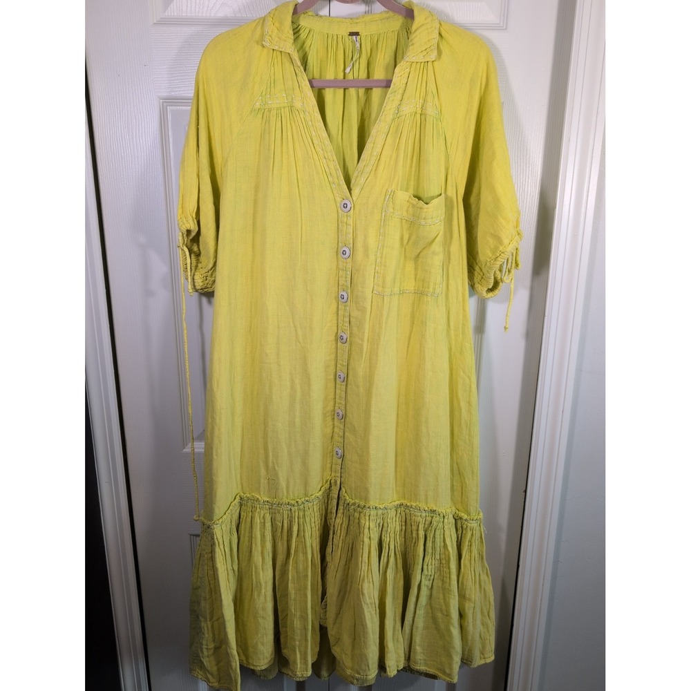 $148 FREE PEOPLE S MAYA ELBOW SLEEVE RUFFLED MAXI SHIRT DRESS Yellow/Green